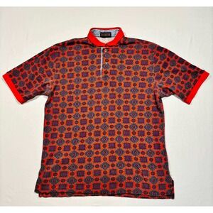 Vintage Duckster Mens Large Red Geometric Medallion Print Cotton Polo Shirt USA